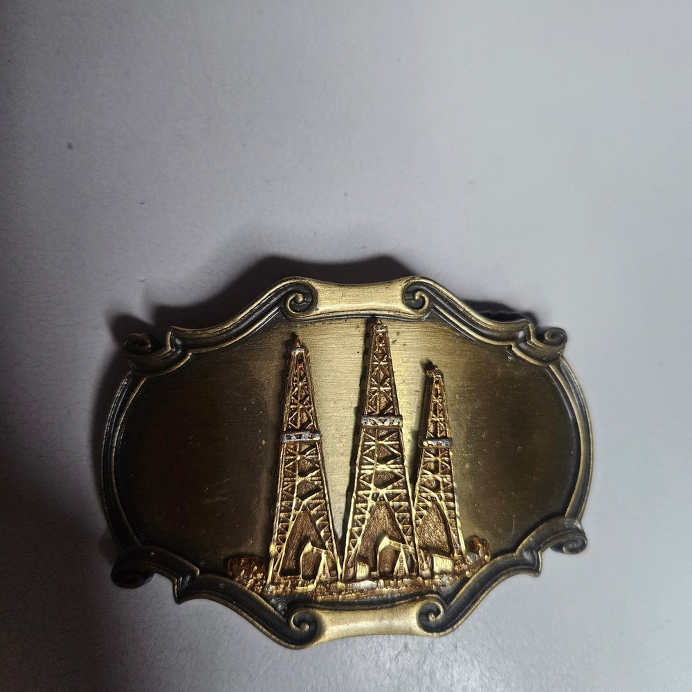 Vintage 1978 RainTree Oil Derrick Belt Buckle Brass Tone Western Industrial